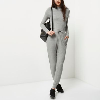 Grey open back ribbed jumpsuit